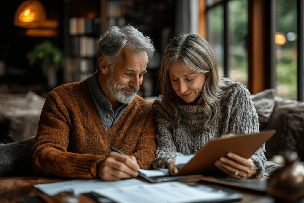Couple de personnes âgés entrain de signer leurs assurances vie