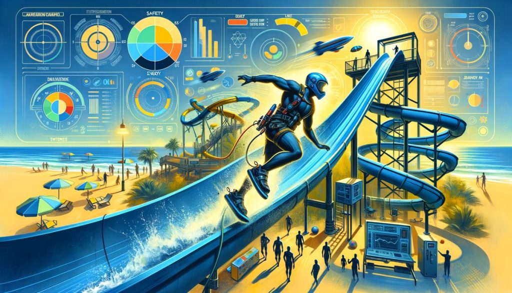 Un testeur de toboggan évalue la sécurité et les sensations d'une descente aquatique dans un parc, alliant plaisir et rigueur professionnelle.