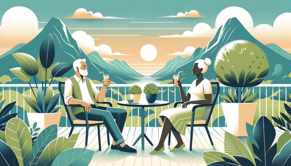 Un couple de retraités discute de finances à la maison, entouré de documents et d'un ordinateur portable.