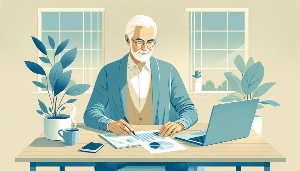 Un senior souriant consulte un conseiller financier, entouré de documents sur les placements sûrs et rentables pour la retraite.