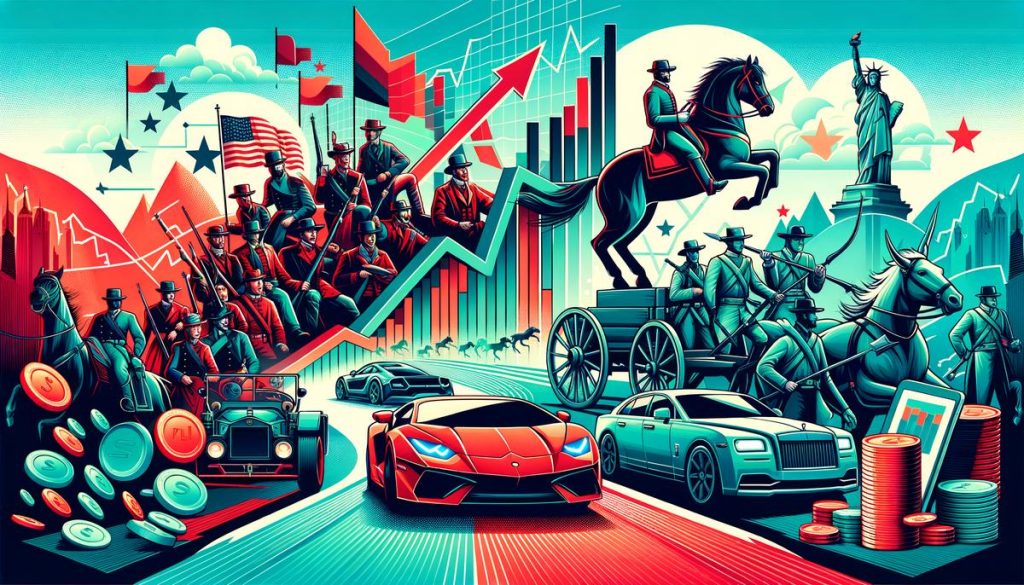 Voiture de sport rouge sur une route américaine, participant au Bullrun Rally, entourée de paysages désertiques et ciel bleu.